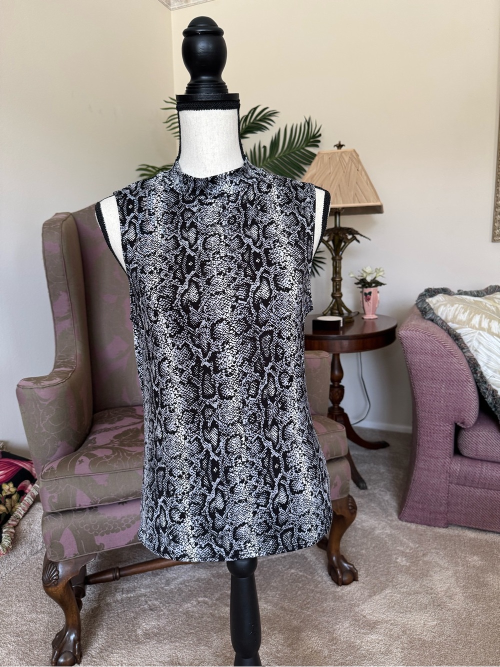 Olivia Rae Black & White Sleeveless Snake-Print Mock Neck Midi Dress